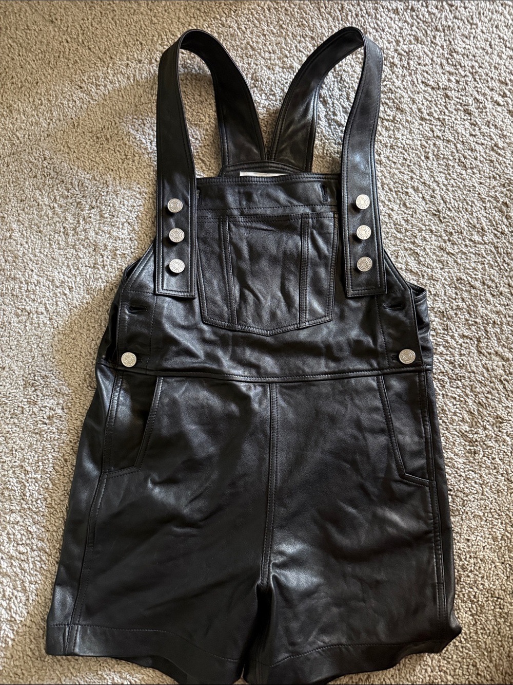Frame Denim Black Leather Short Overalls